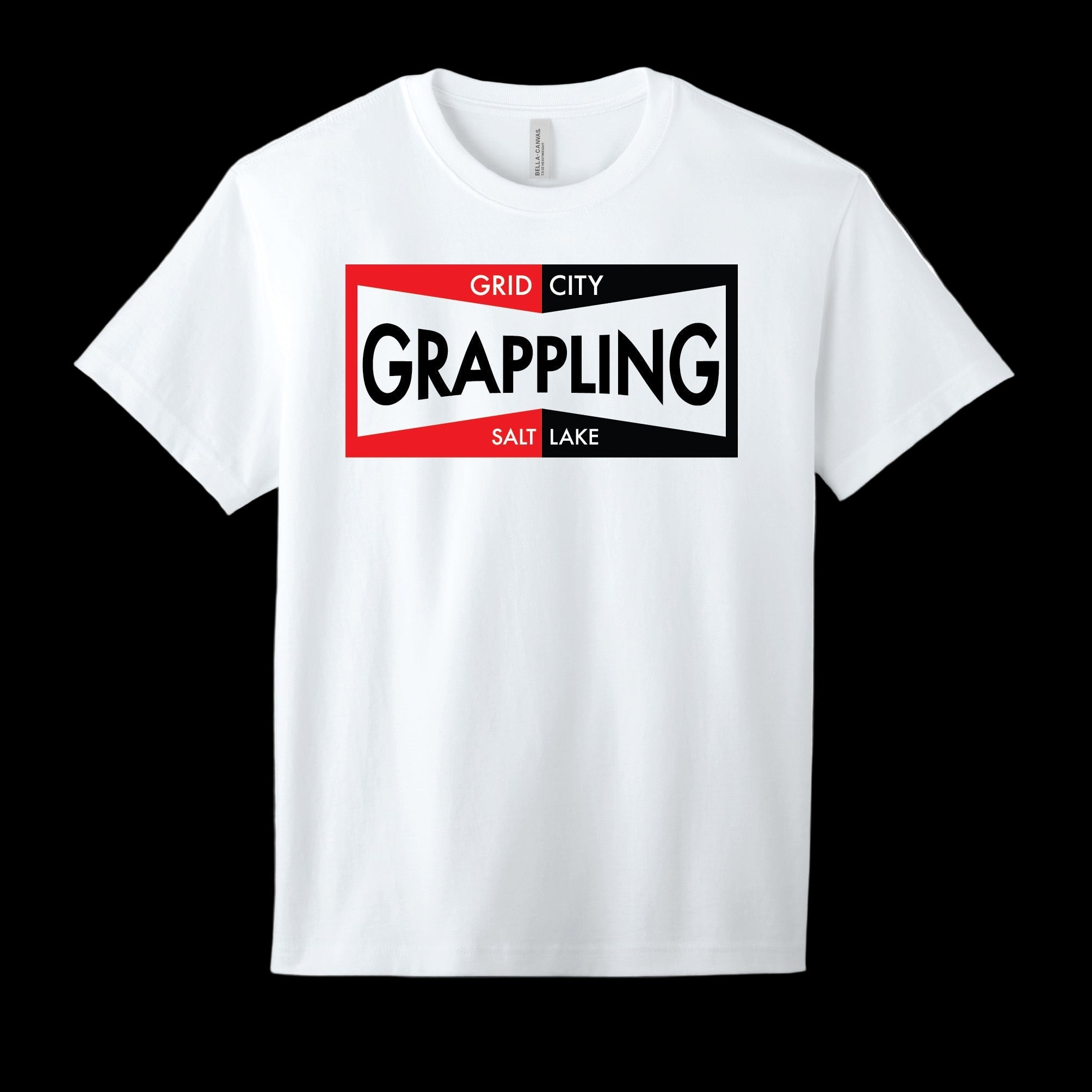 White t-shirt with 'Grid City Grappling Salt Lake' graphic on a black background